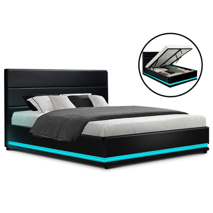 Artiss Bed Frame Queen Size LED Gas Lift Black LUMI - Furniture > Bedroom > Beds & Bed Frames