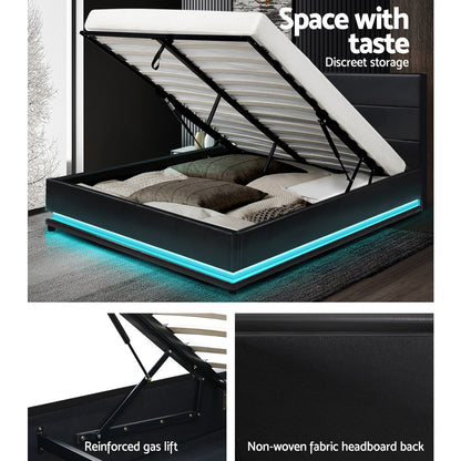 Artiss Bed Frame Queen Size LED Gas Lift Black LUMI - Furniture > Bedroom > Beds & Bed Frames