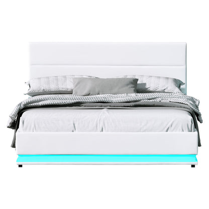 Artiss Bed Frame Queen Size LED Gas Lift White LUMI - Furniture > Bedroom > Beds & Bed Frames
