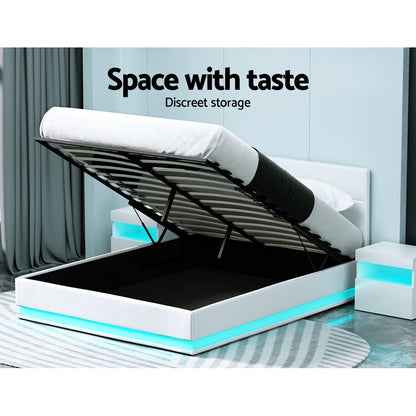 Artiss Bed Frame Queen Size LED Gas Lift White LUMI - Furniture > Bedroom > Beds & Bed Frames