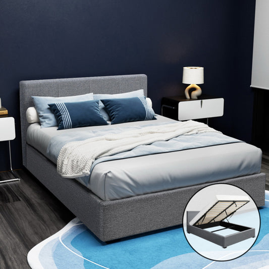 Artiss Bed Frame Double Size Gas Lift Grey NINO - Furniture > Bedroom > Beds & Bed Frames