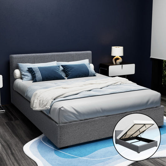 Artiss Bed Frame Queen Size Gas Lift Grey NINO - Furniture > Bedroom > Beds & Bed Frames