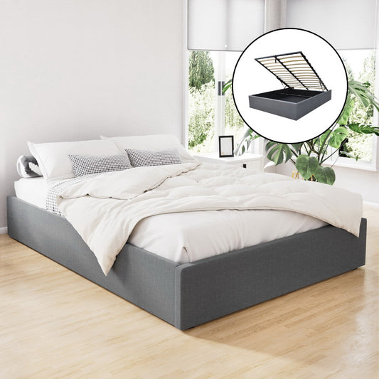 Artiss Bed Frame Double Size Gas Lift Base Grey TOKI - Furniture > Bedroom > Beds & Bed Frames