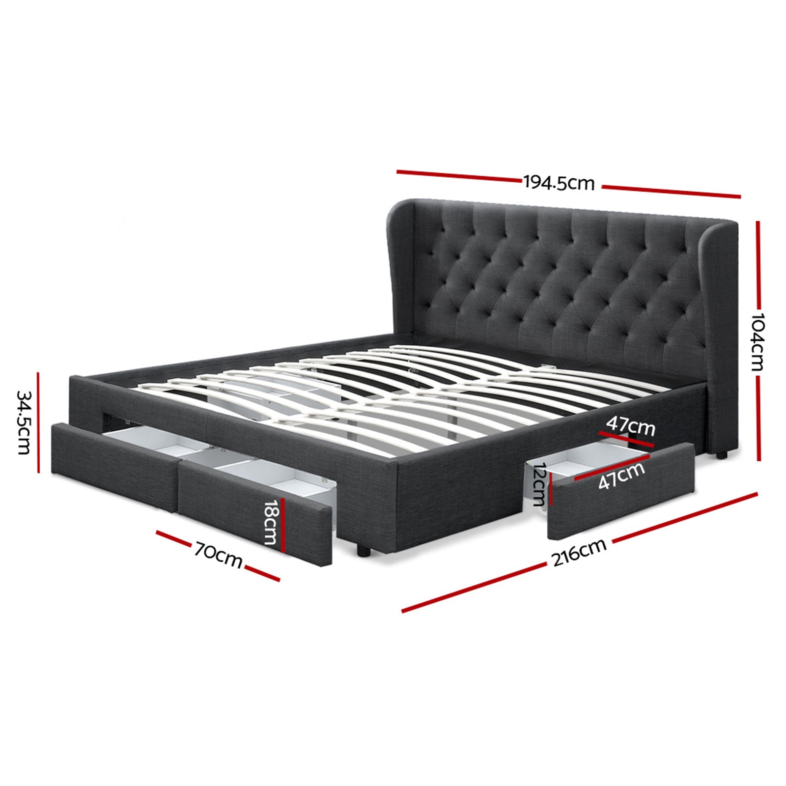 Artiss Bed Frame King Size with 4 Drawers Charcoal MILA - Furniture > Bedroom > Beds & Bed Frames