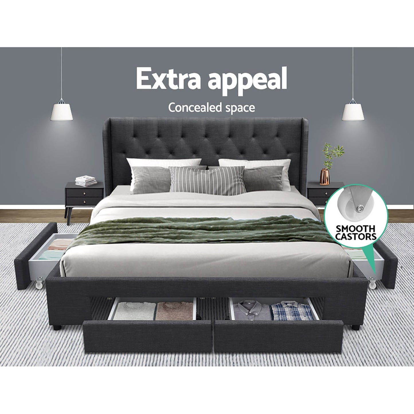 Artiss Bed Frame King Size with 4 Drawers Charcoal MILA - Furniture > Bedroom > Beds & Bed Frames