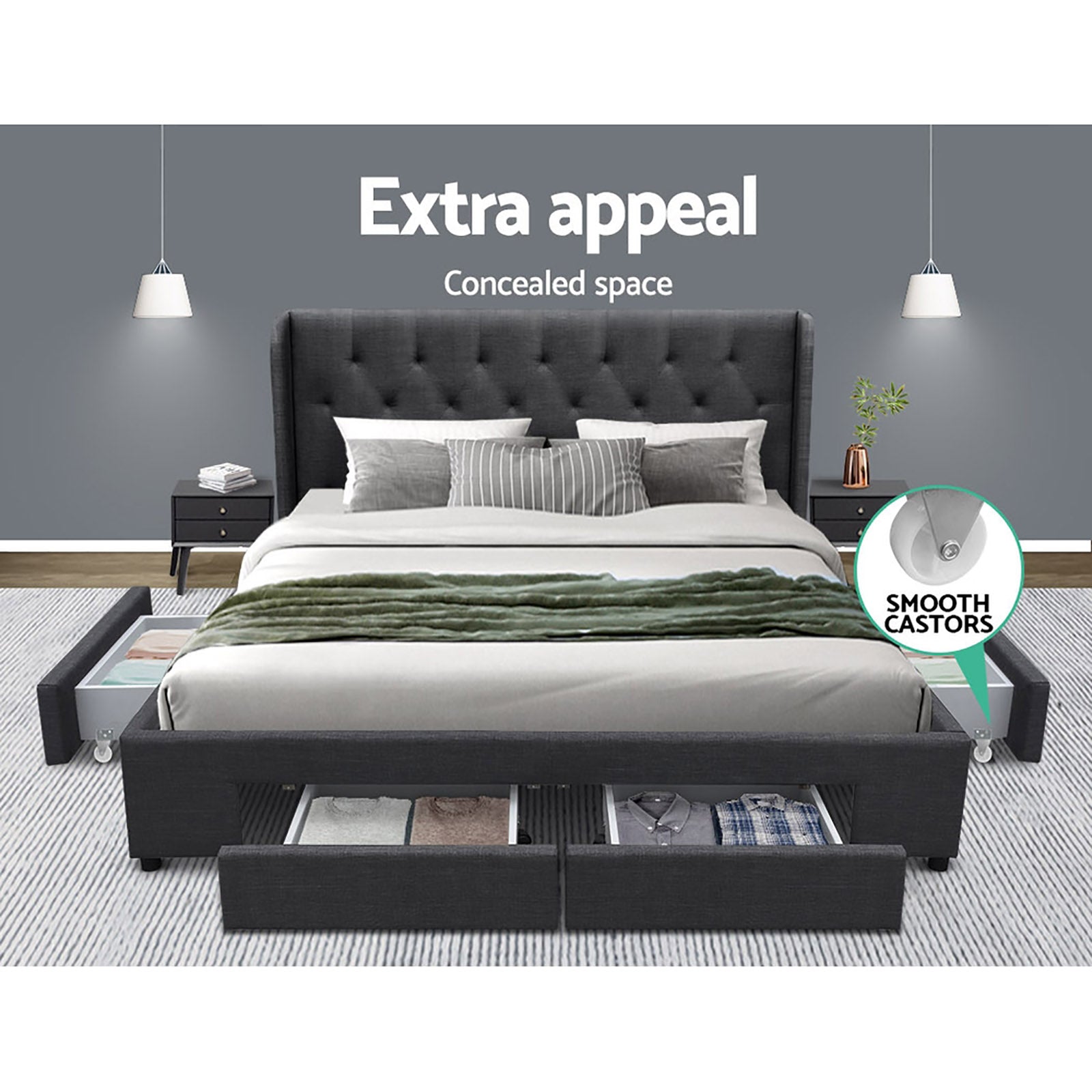 Artiss Bed Frame King Size with 4 Drawers Charcoal MILA - Furniture > Bedroom > Beds & Bed Frames