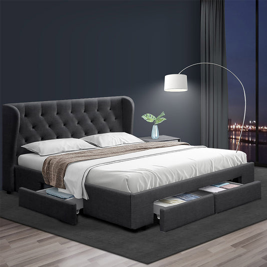 Artiss Bed Frame King Size with 4 Drawers Charcoal MILA - Furniture > Bedroom > Beds & Bed Frames