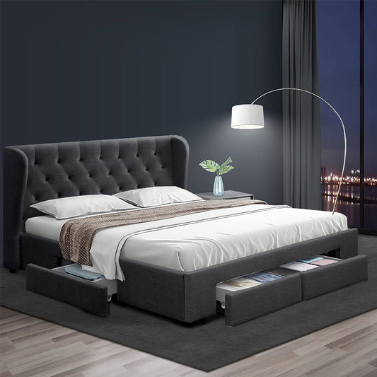 Artiss Bed Frame Queen Size with 4 Drawers Charcoal MILA - Furniture > Bedroom > Beds & Bed Frames