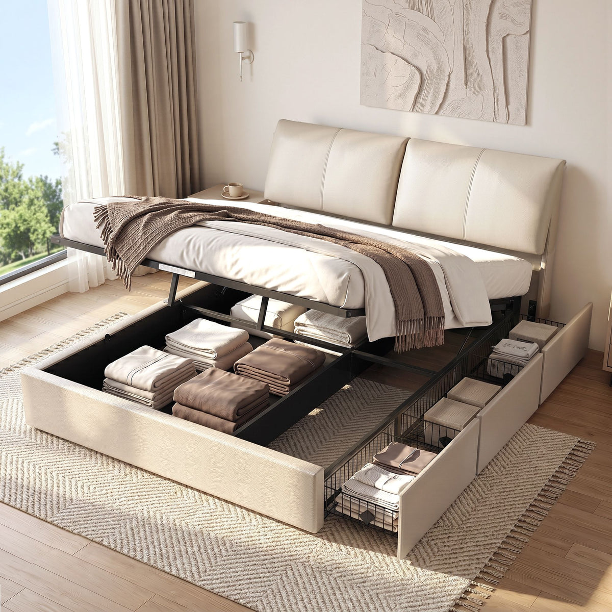 King Bed Frame Gas Lift Storage 3 Drawers Adjustable Headboard Platform Base