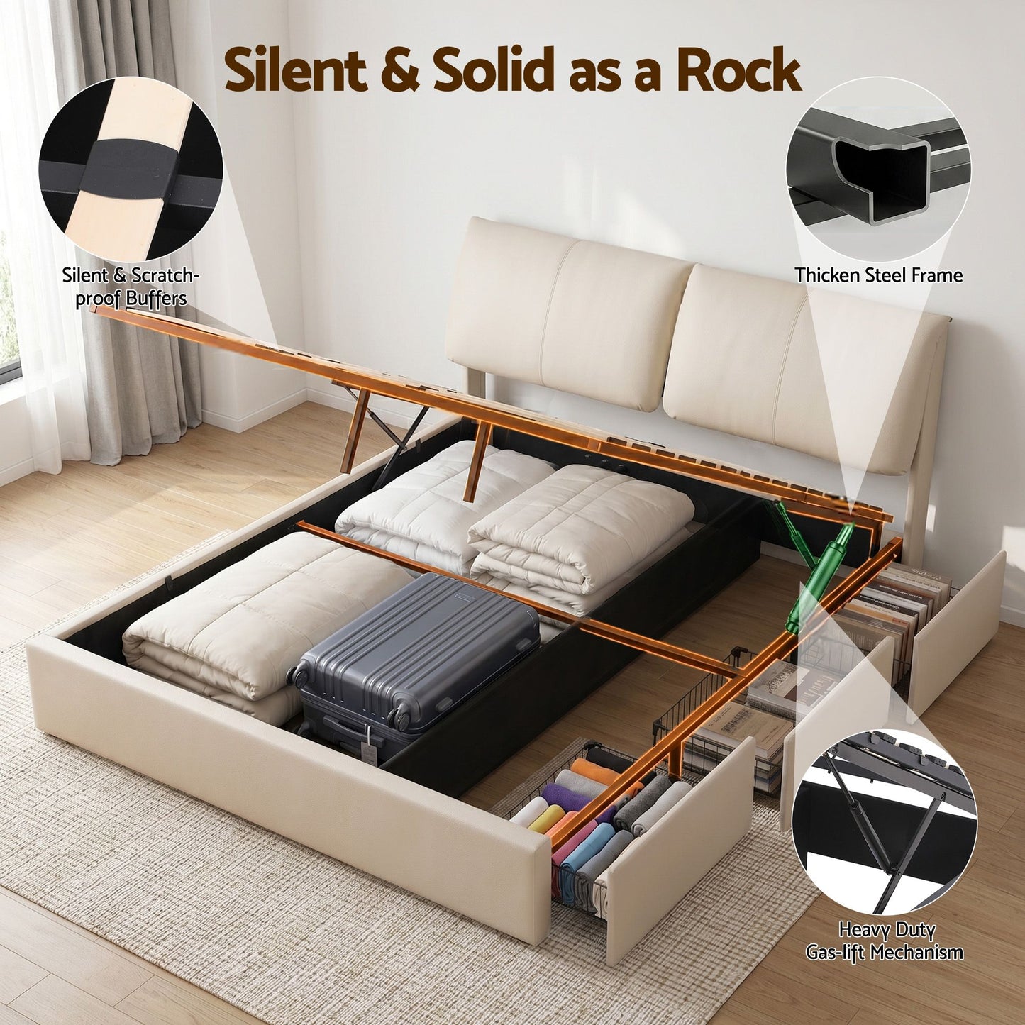 King Bed Frame Gas Lift Storage 3 Drawers Adjustable Headboard Platform Base