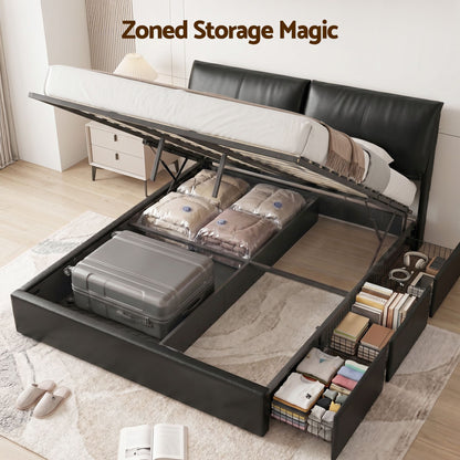 King Bed Frame Gas Lift Storage 3 Drawers Adjustable Headboard Platform Bed Black
