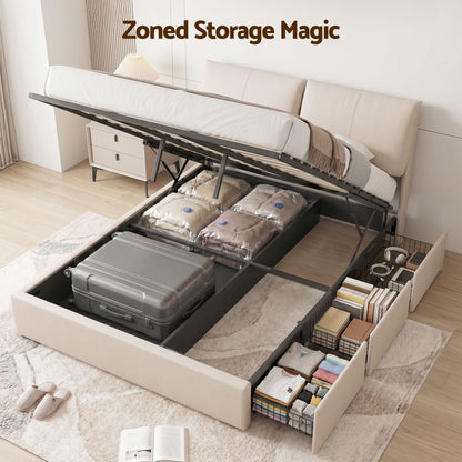 Queen Bed Frame Gas Lift Storage 3 Drawers Adjustable Headboard Platform Base