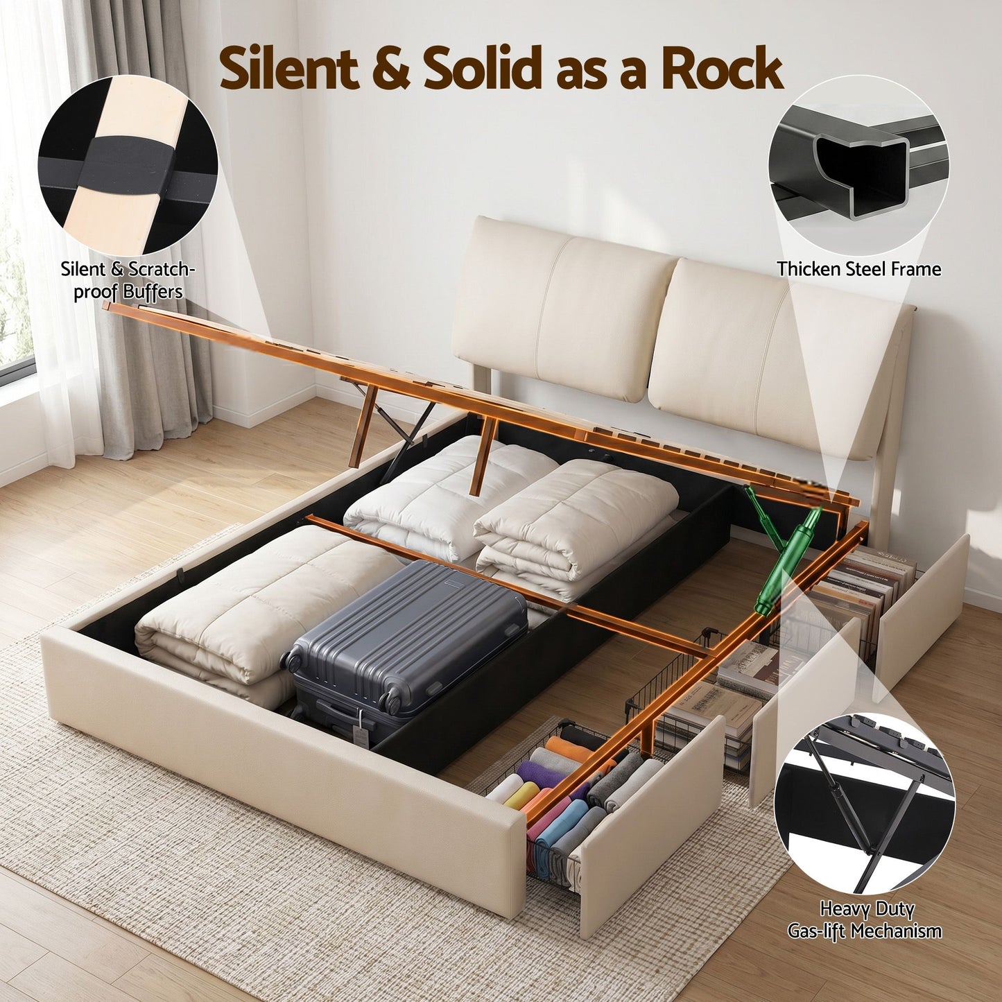 Queen Bed Frame Gas Lift Storage 3 Drawers Adjustable Headboard Platform Base