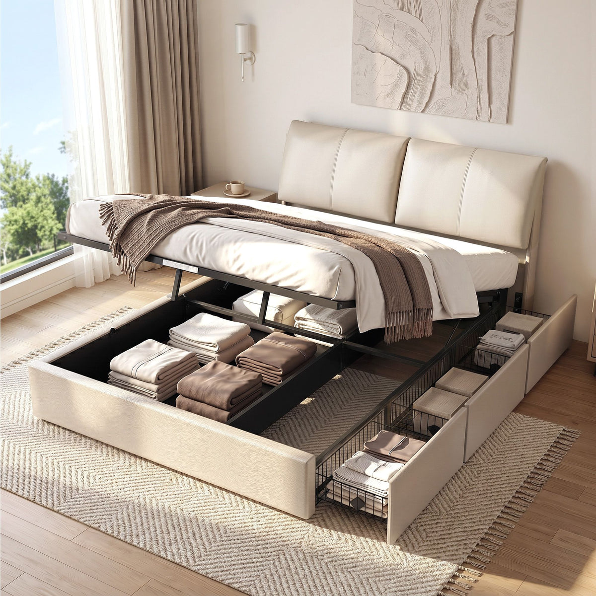 Queen Bed Frame Gas Lift Storage 3 Drawers Adjustable Headboard Platform Base
