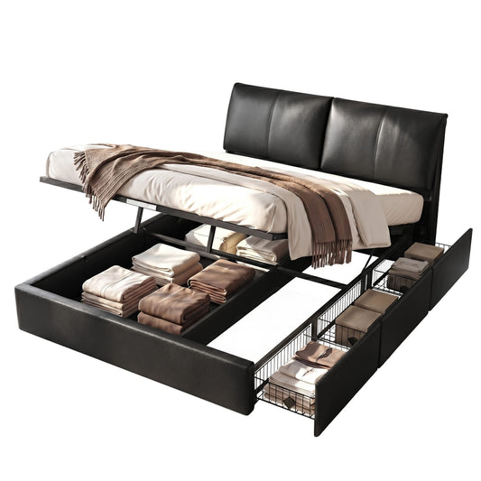 Queen Bed Frame Gas Lift Storage 3 Drawers Adjustable Headboard Platform Bed Black