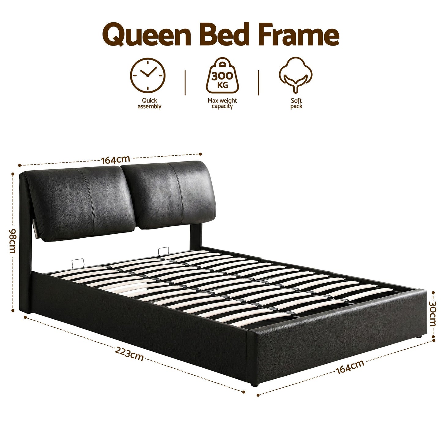 Queen Bed Frame Gas Lift Storage 3 Drawers Adjustable Headboard Platform Bed Black
