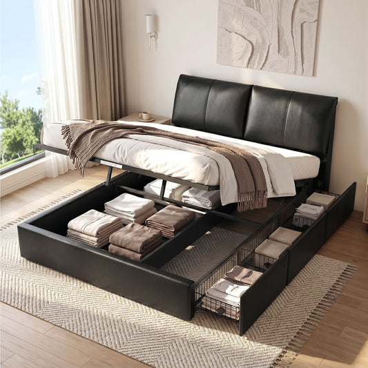 Queen Bed Frame Gas Lift Storage 3 Drawers Adjustable Headboard Platform Bed Black