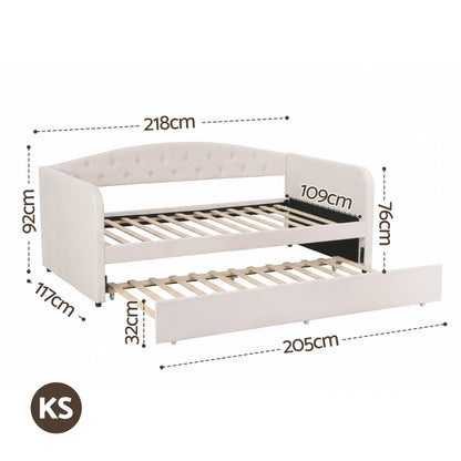 King Single Daybed Velvet Trundle Bed Frame Tufted Guest Bed