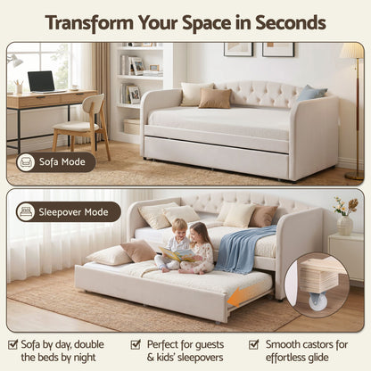 King Single Daybed Velvet Trundle Bed Frame Tufted Guest Bed