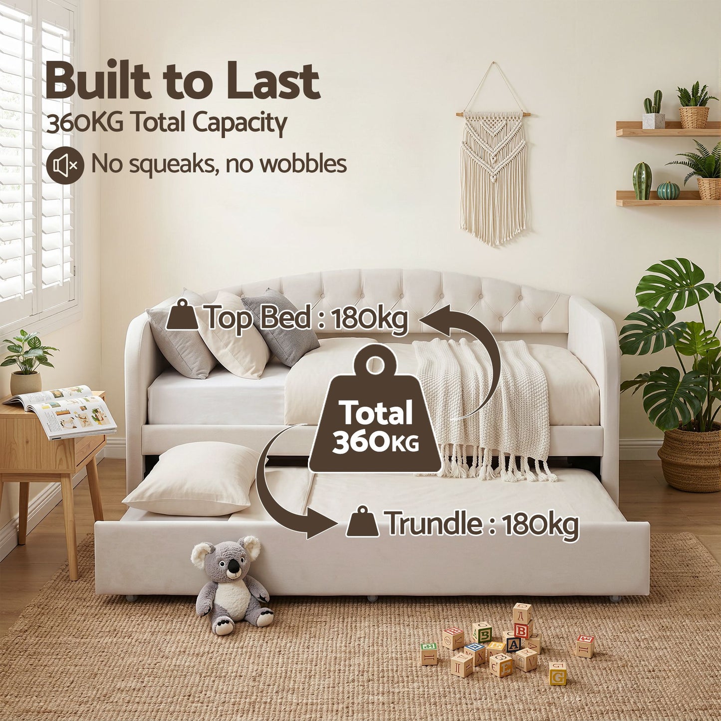 King Single Daybed Velvet Trundle Bed Frame Tufted Guest Bed