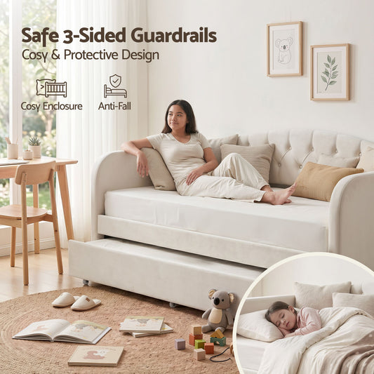 King Single Daybed Velvet Trundle Bed Frame Tufted Guest Bed