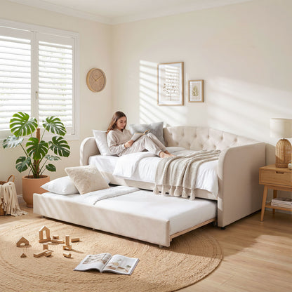 King Single Daybed Velvet Trundle Bed Frame Tufted Guest Bed