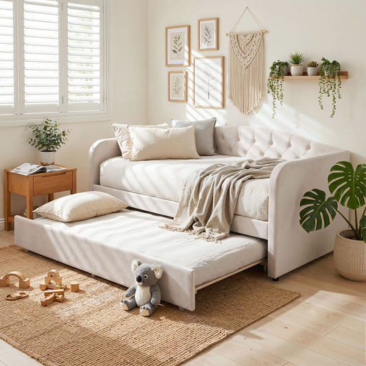 King Single Daybed Velvet Trundle Bed Frame Tufted Guest Bed