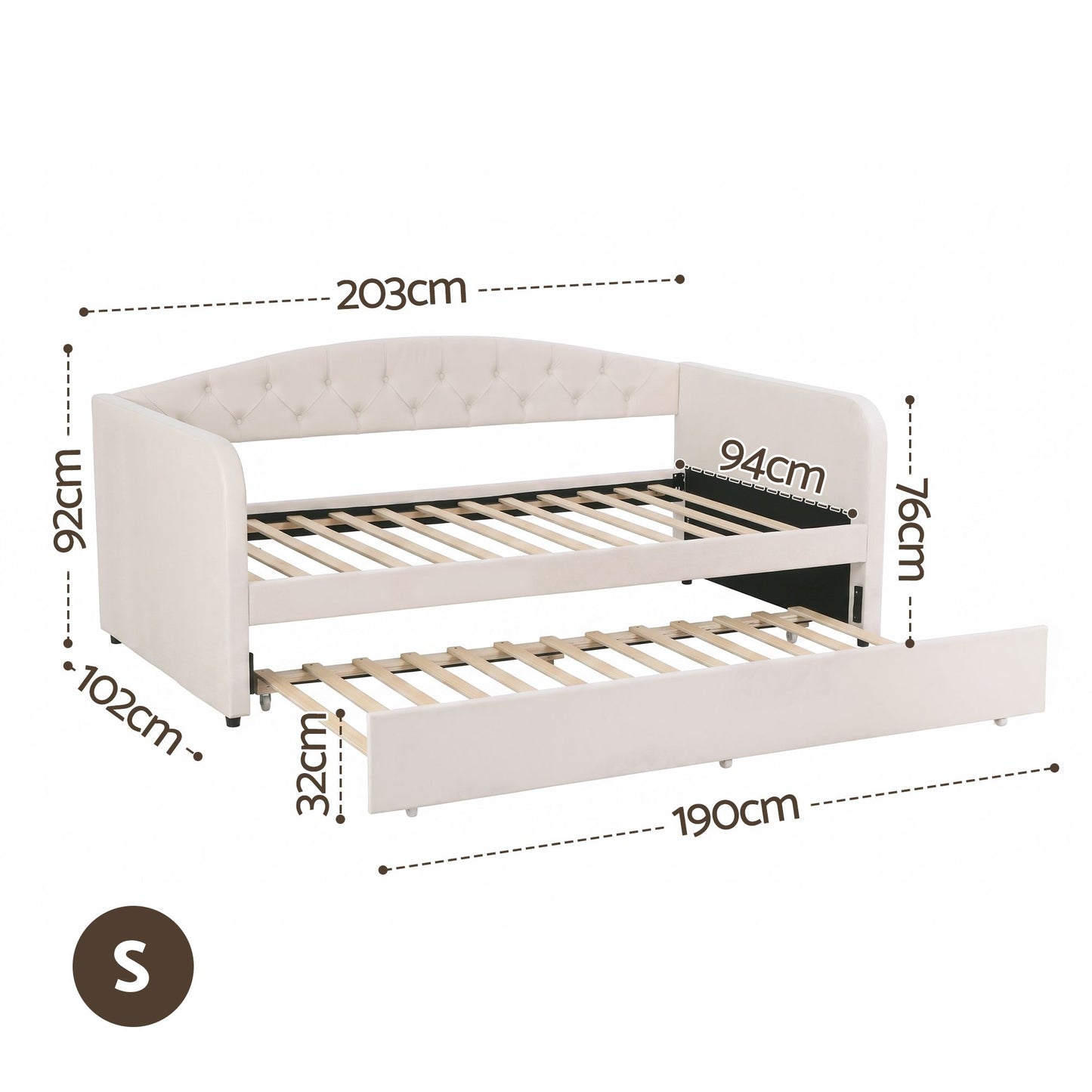 Single Daybed Velvet Trundle Bed Frame Tufted Guest Bed