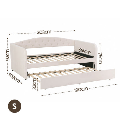 Single Daybed Velvet Trundle Bed Frame Tufted Guest Bed
