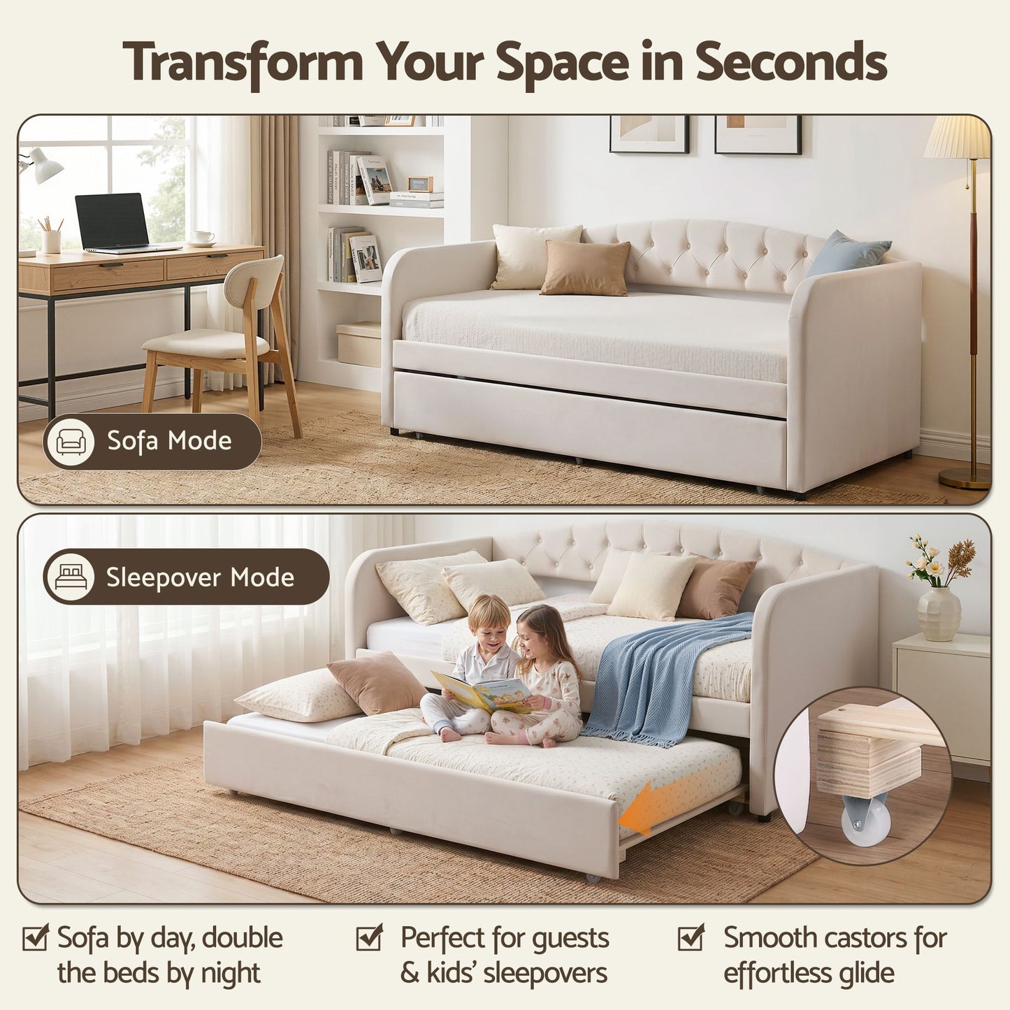 Single Daybed Velvet Trundle Bed Frame Tufted Guest Bed