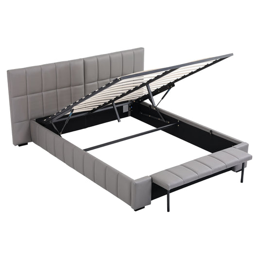 Double Size Upholstered Gas Lift Bed Frame with Foldable Bench PVC Leather Platform Bed with Storage