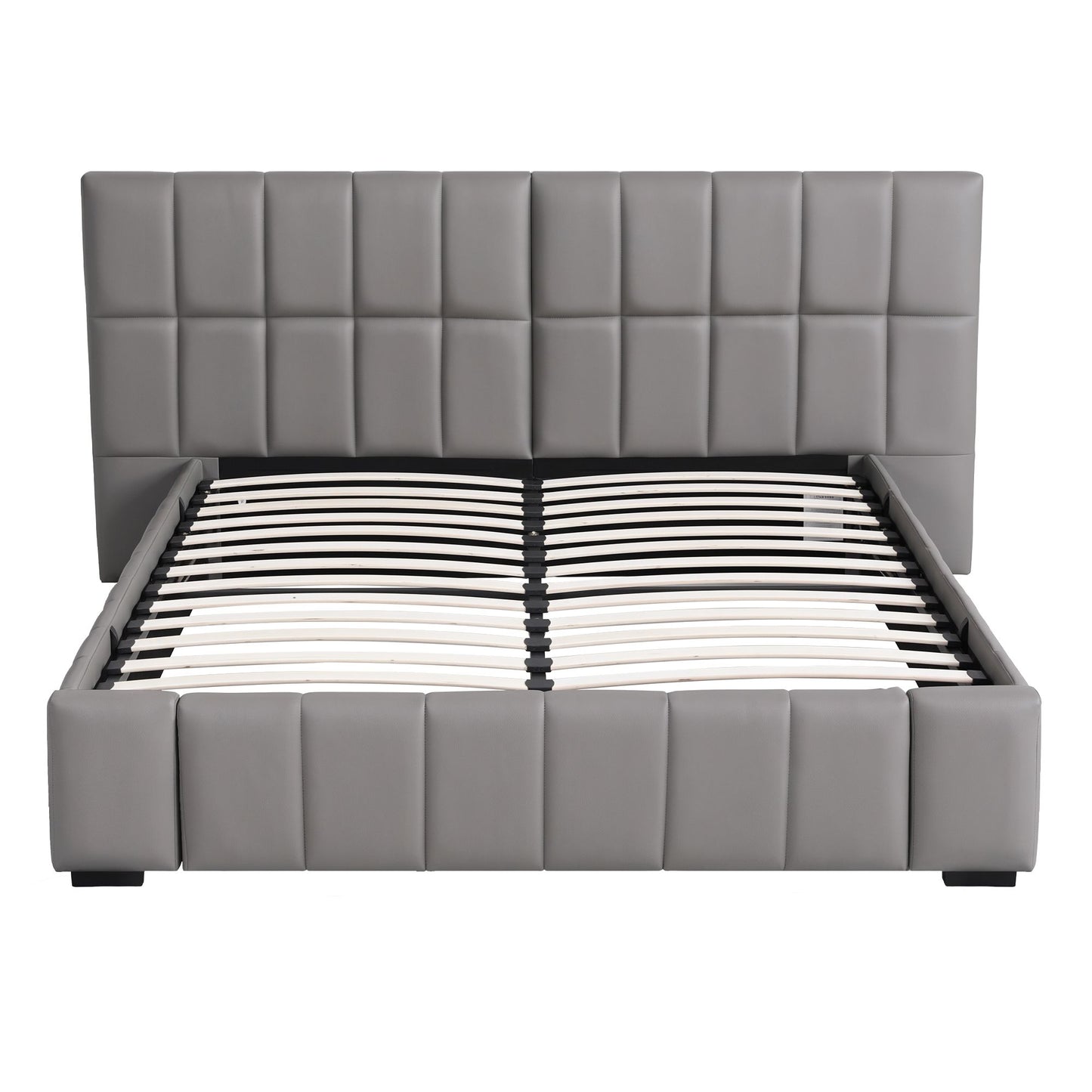 Double Size Upholstered Gas Lift Bed Frame with Foldable Bench PVC Leather Platform Bed with Storage