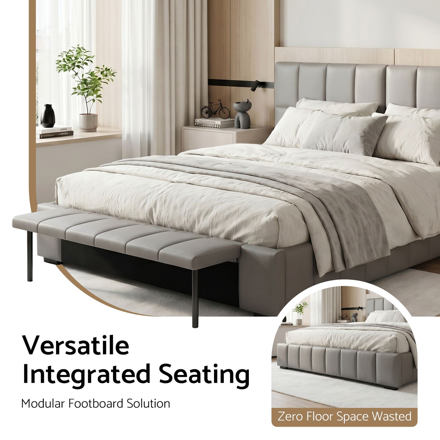 Double Size Upholstered Gas Lift Bed Frame with Foldable Bench PVC Leather Platform Bed with Storage
