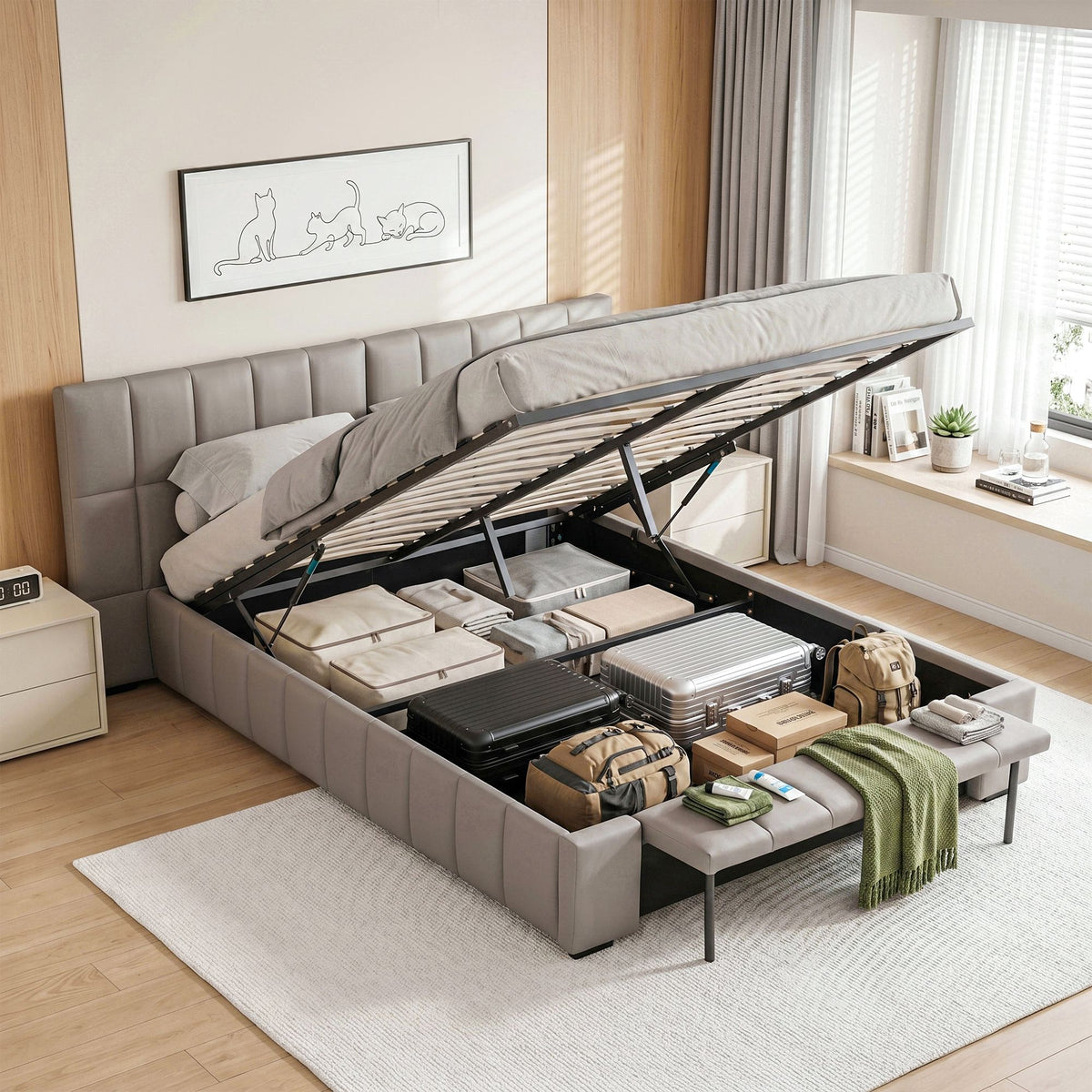 Queen Size Upholstered Gas Lift Bed Frame with Foldable Bench PVC Leather Platform Bed with Storage