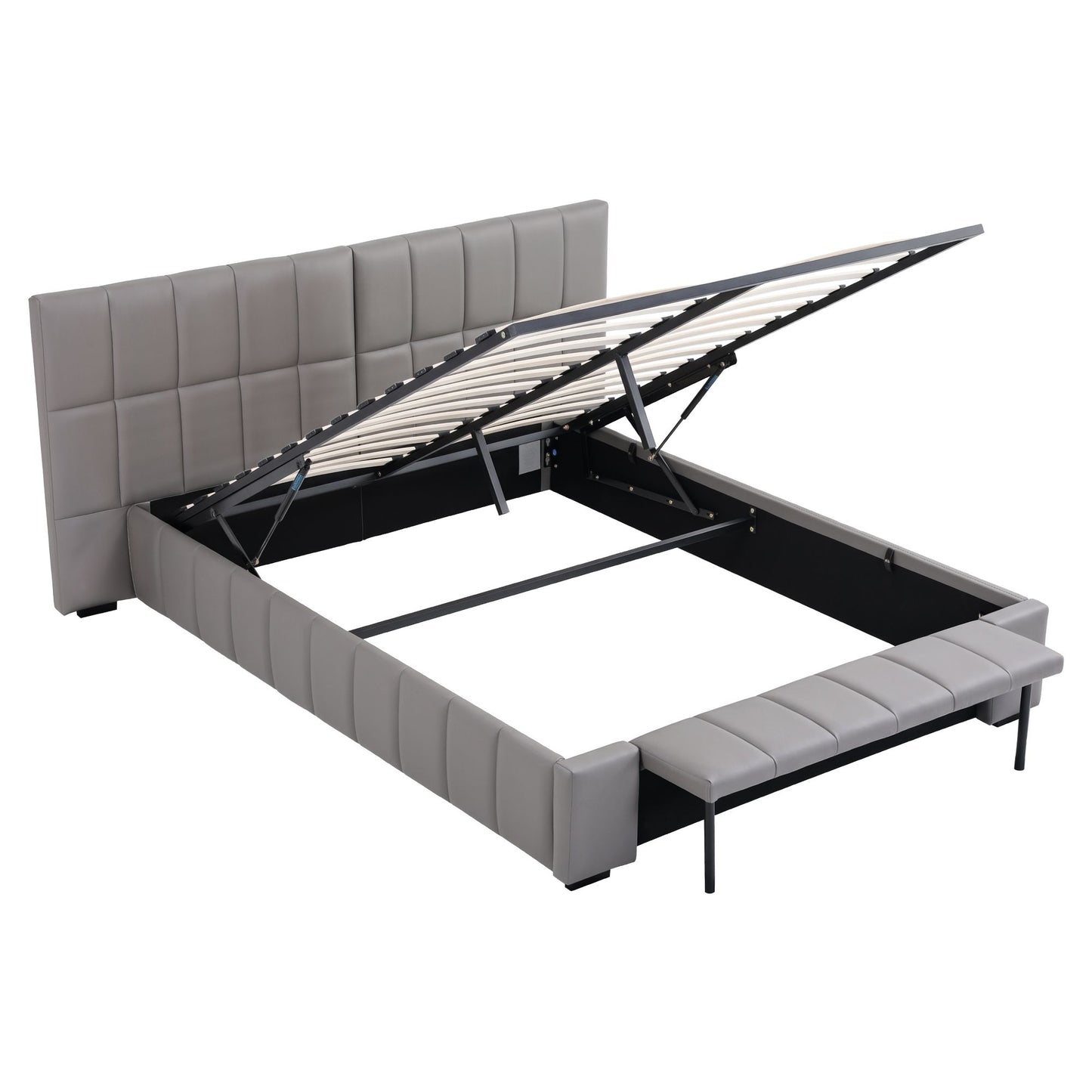 Queen Size Upholstered Gas Lift Bed Frame with Foldable Bench PVC Leather Platform Bed with Storage