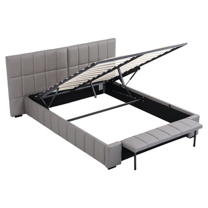 Queen Size Upholstered Gas Lift Bed Frame with Foldable Bench PVC Leather Platform Bed with Storage