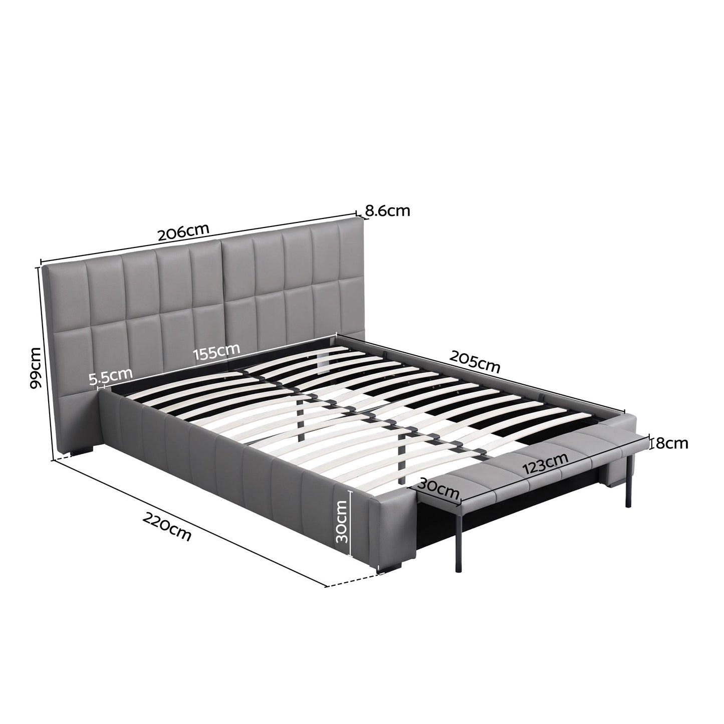 Queen Size Upholstered Gas Lift Bed Frame with Foldable Bench PVC Leather Platform Bed with Storage