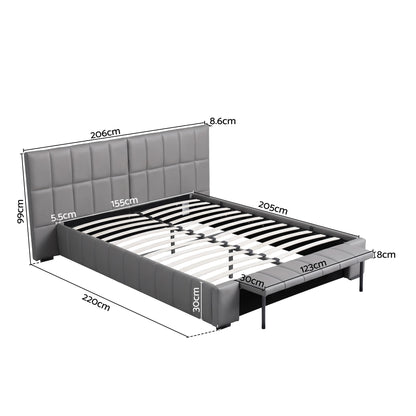 Queen Size Upholstered Gas Lift Bed Frame with Foldable Bench PVC Leather Platform Bed with Storage
