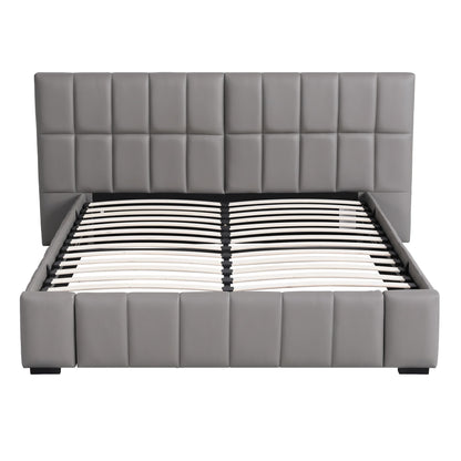 Queen Size Upholstered Gas Lift Bed Frame with Foldable Bench PVC Leather Platform Bed with Storage