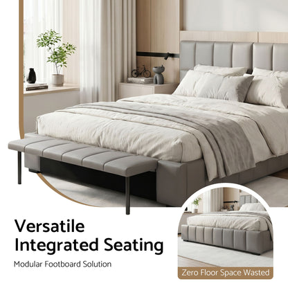 Queen Size Upholstered Gas Lift Bed Frame with Foldable Bench PVC Leather Platform Bed with Storage