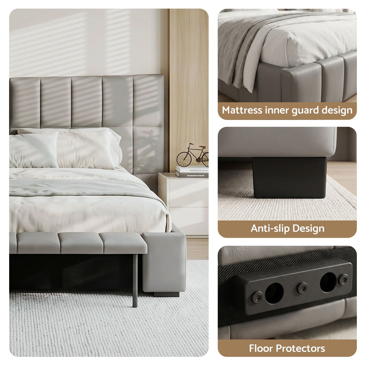 Queen Size Upholstered Gas Lift Bed Frame with Foldable Bench PVC Leather Platform Bed with Storage