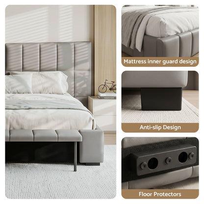 Queen Size Upholstered Gas Lift Bed Frame with Foldable Bench PVC Leather Platform Bed with Storage