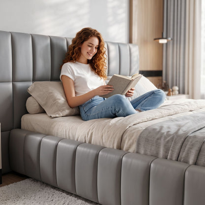 Queen Size Upholstered Gas Lift Bed Frame with Foldable Bench PVC Leather Platform Bed with Storage