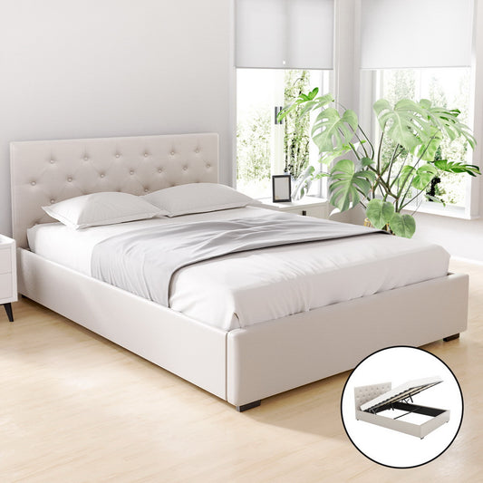 Artiss Bed Frame Double Size Gas Lift Beige VILA - Furniture > Bedroom > Beds & Bed Frames