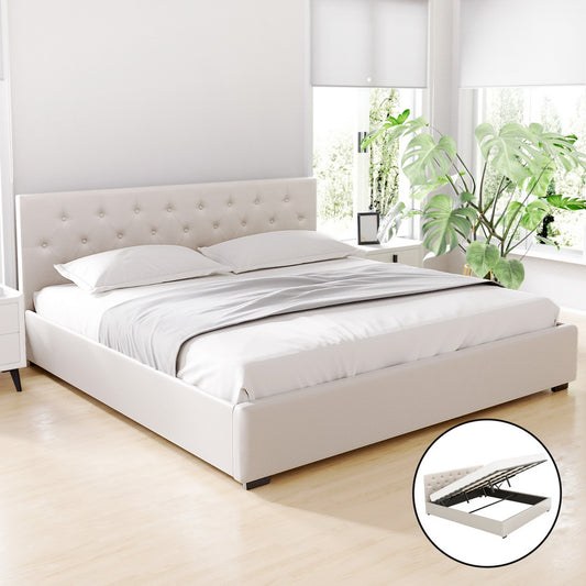 Artiss Bed Frame King Size Gas Lift Beige VILA - Furniture > Bedroom > Beds & Bed Frames