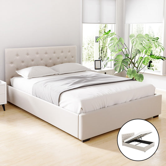 Artiss Bed Frame Queen Size Gas Lift Beige VILA - Furniture > Bedroom > Beds & Bed Frames