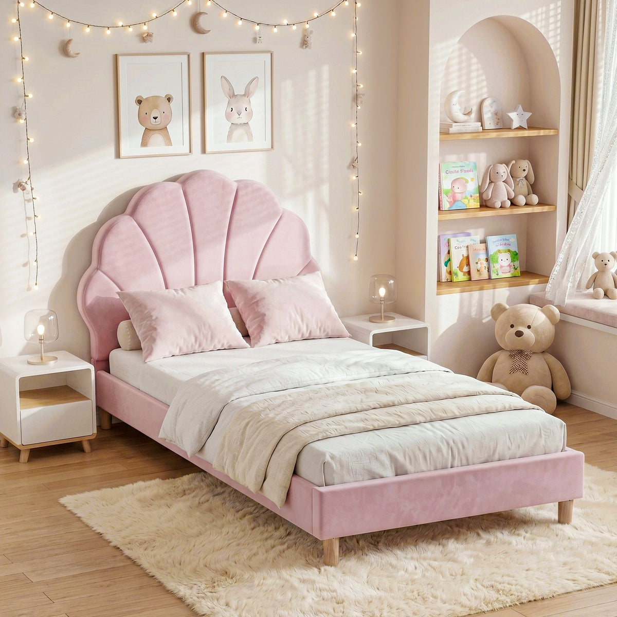 Single Bed Frame Scallop Upholstered Headboard Pink Velvet Platform Base Support up to 180kg