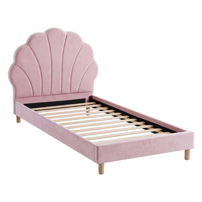 Single Bed Frame Scallop Upholstered Headboard Pink Velvet Platform Base Support up to 180kg