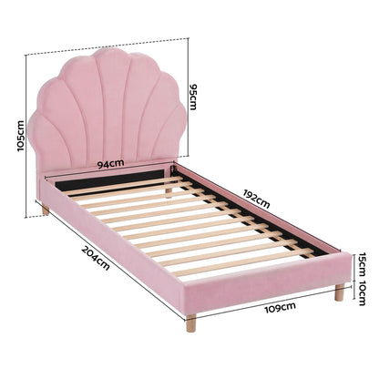 Single Bed Frame Scallop Upholstered Headboard Pink Velvet Platform Base Support up to 180kg