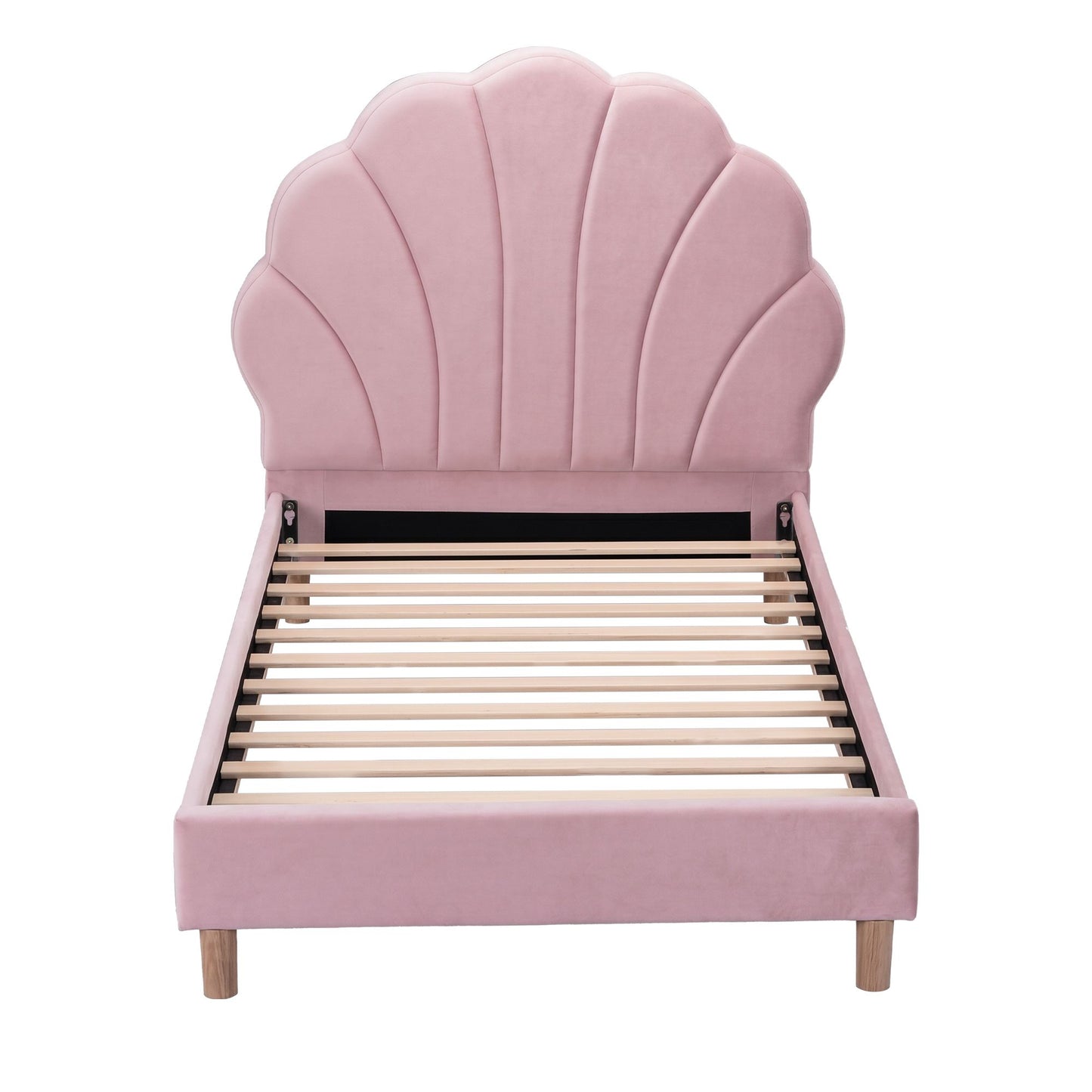 Single Bed Frame Scallop Upholstered Headboard Pink Velvet Platform Base Support up to 180kg